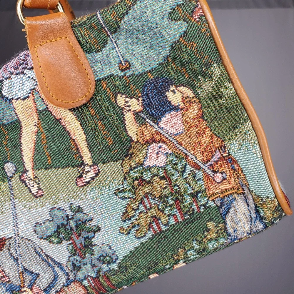 Tapestry Purse Handbag Golf Scene Sporty Vintage 2-Handle Zipper